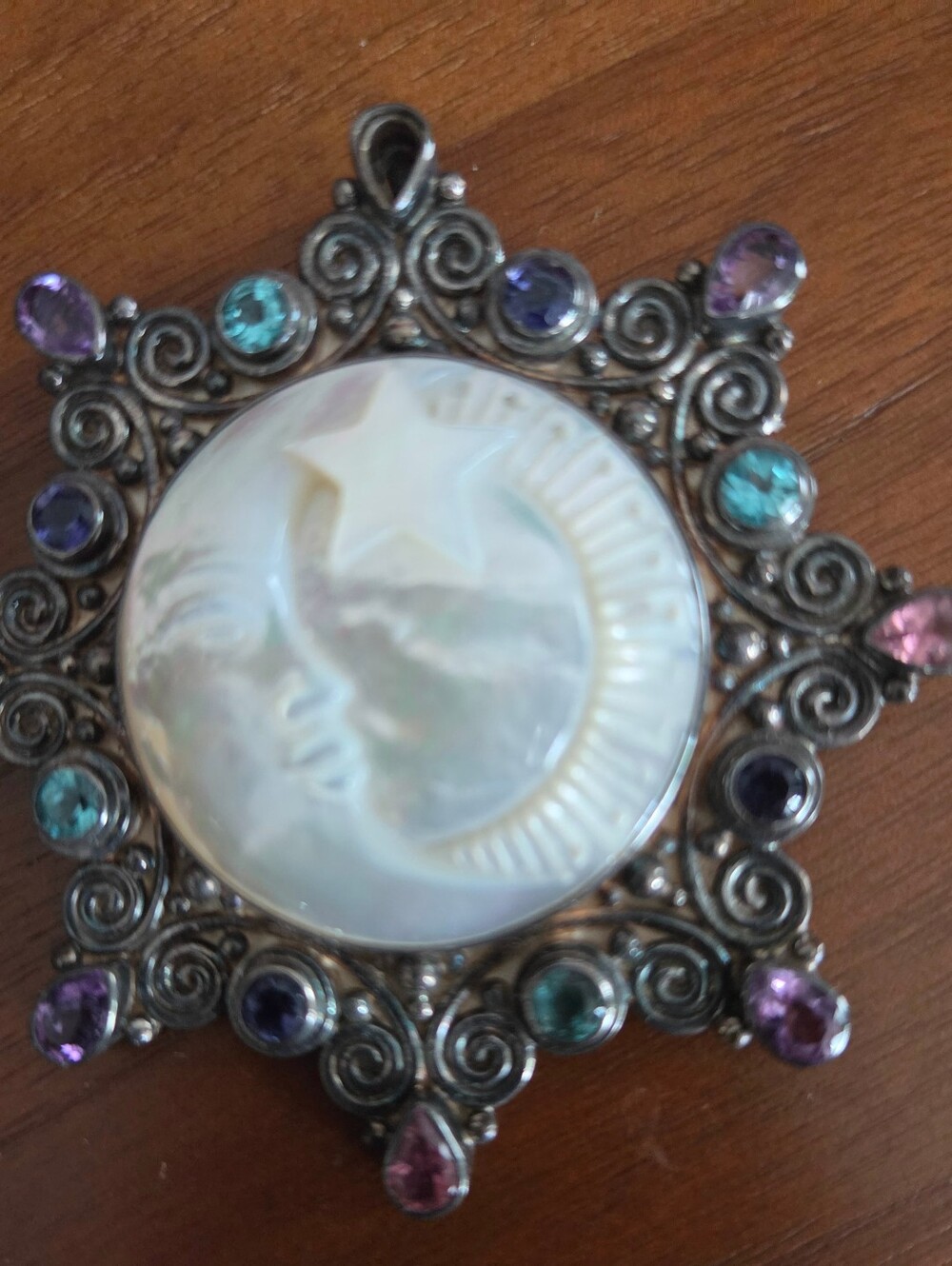 Vintage 925 Sajen Moon Pendant/brooch...genuine Gemstones...